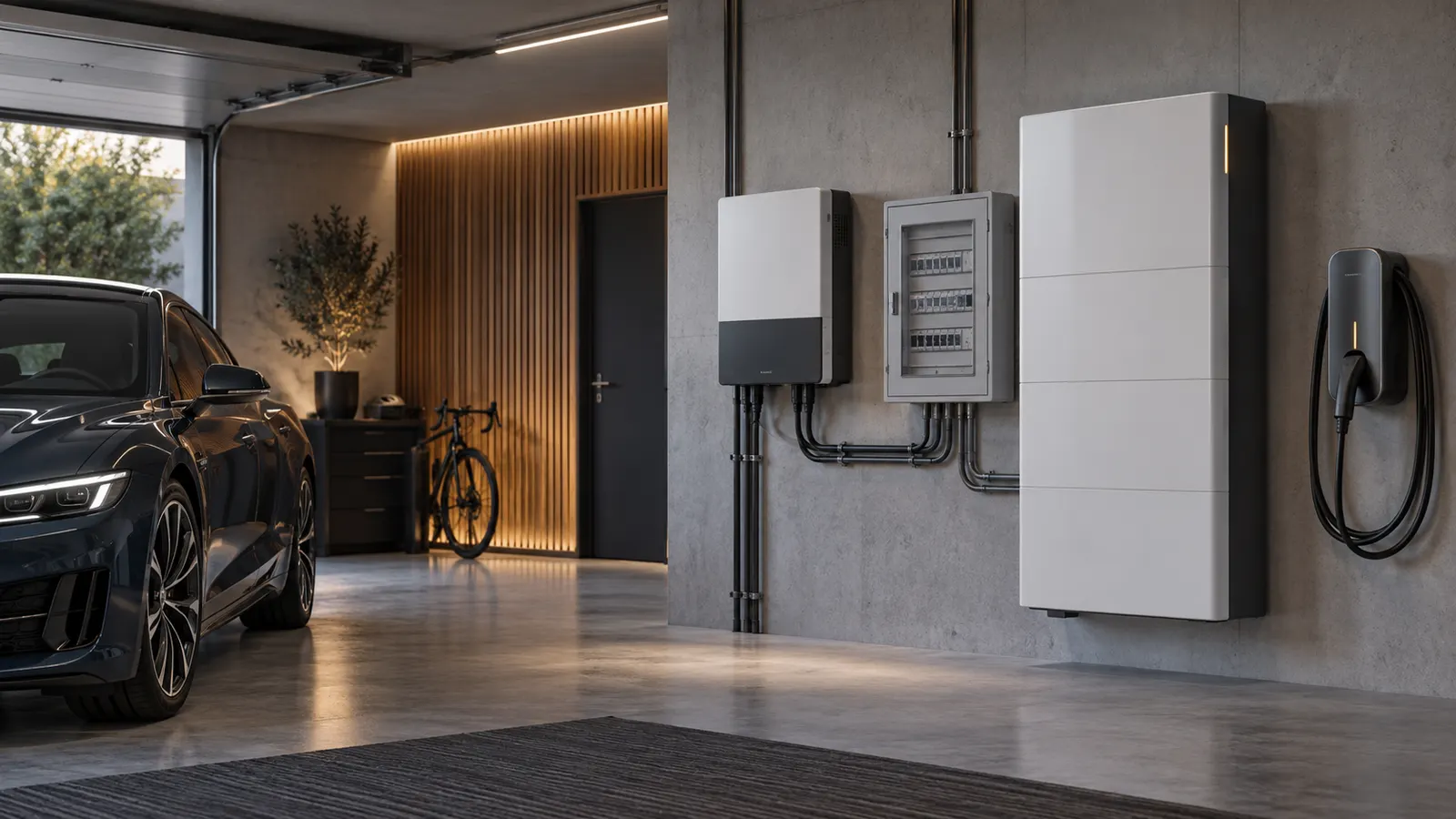 Garaż z samochodem elektrycznym, ładowarką na ścianie, falownikiem, rozdzielnicą i magazynem energii