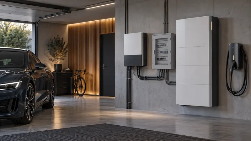 Garaż z samochodem elektrycznym, ładowarką na ścianie, falownikiem i magazynem energii