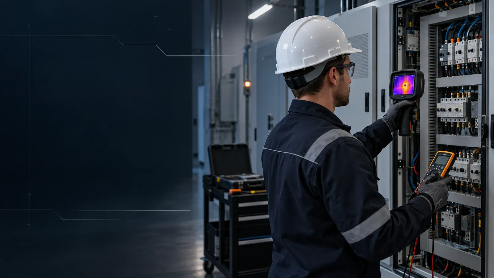 Elektryk z kamerą termowizyjną i miernikiem przy otwartej rozdzielnicy niskiego napięcia