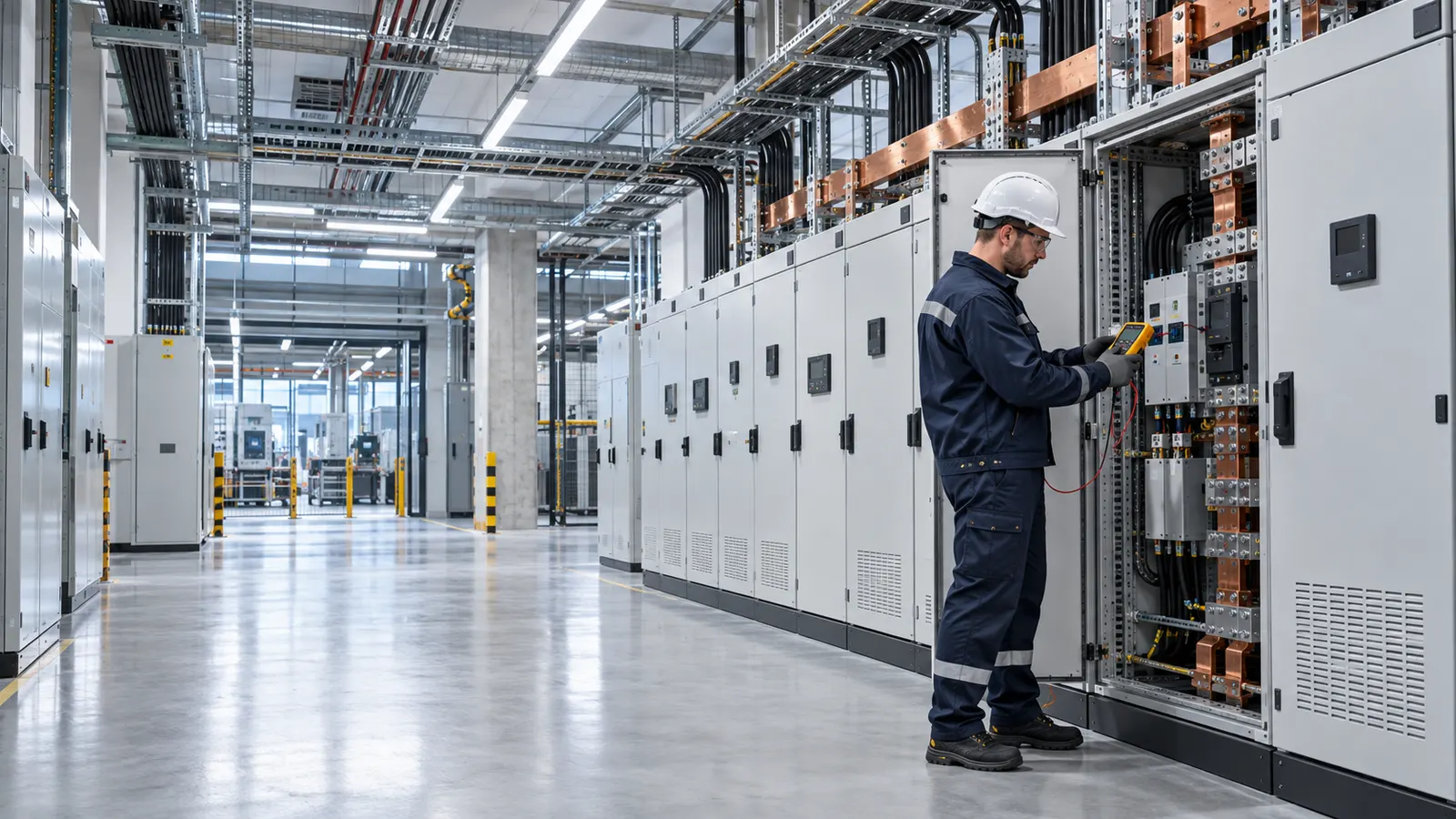 Elektryk z miernikiem przy rozdzielnicach w jasnej hali technicznej