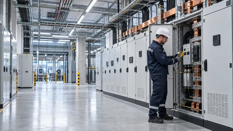 Elektryk z miernikiem przy rozdzielnicach w jasnej hali technicznej