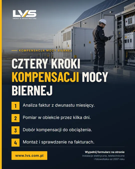 Cztery kroki kompensacji mocy biernej: analiza faktur z dwunastu miesięcy, pomiar w obiekcie, dobór kompensacji, montaż i sprawdzenie na fakturach.